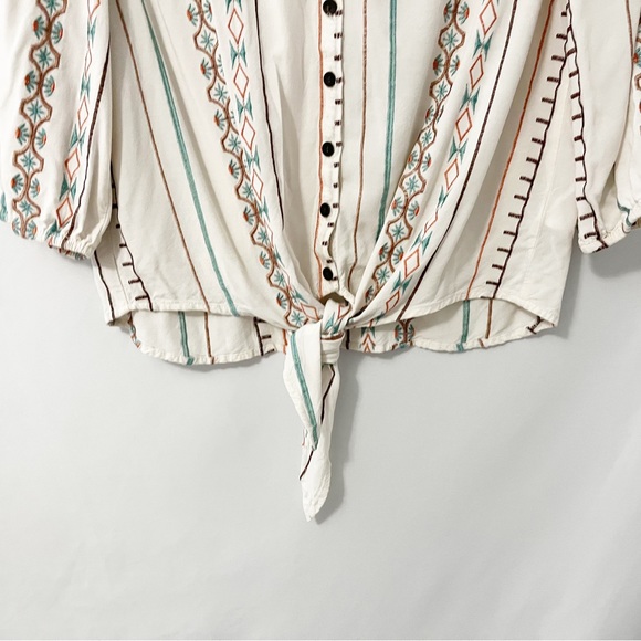 Bob Timberlake Boho Aztec Embroidered Ivory Blouse with Tie Front 3/4 Sleeve M - Picture 6 of 7